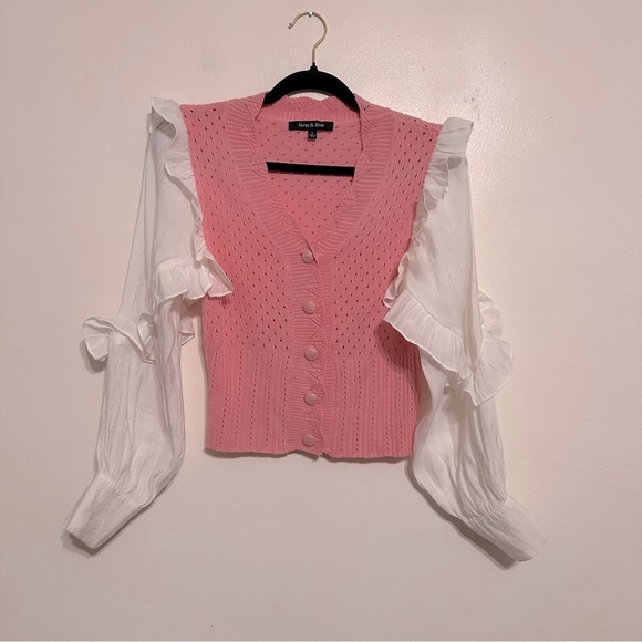 Strut & Bolt Twofer Pointelle Knit Ruffle Balloon Sleeve Cardigan Top - Picture 3 of 8